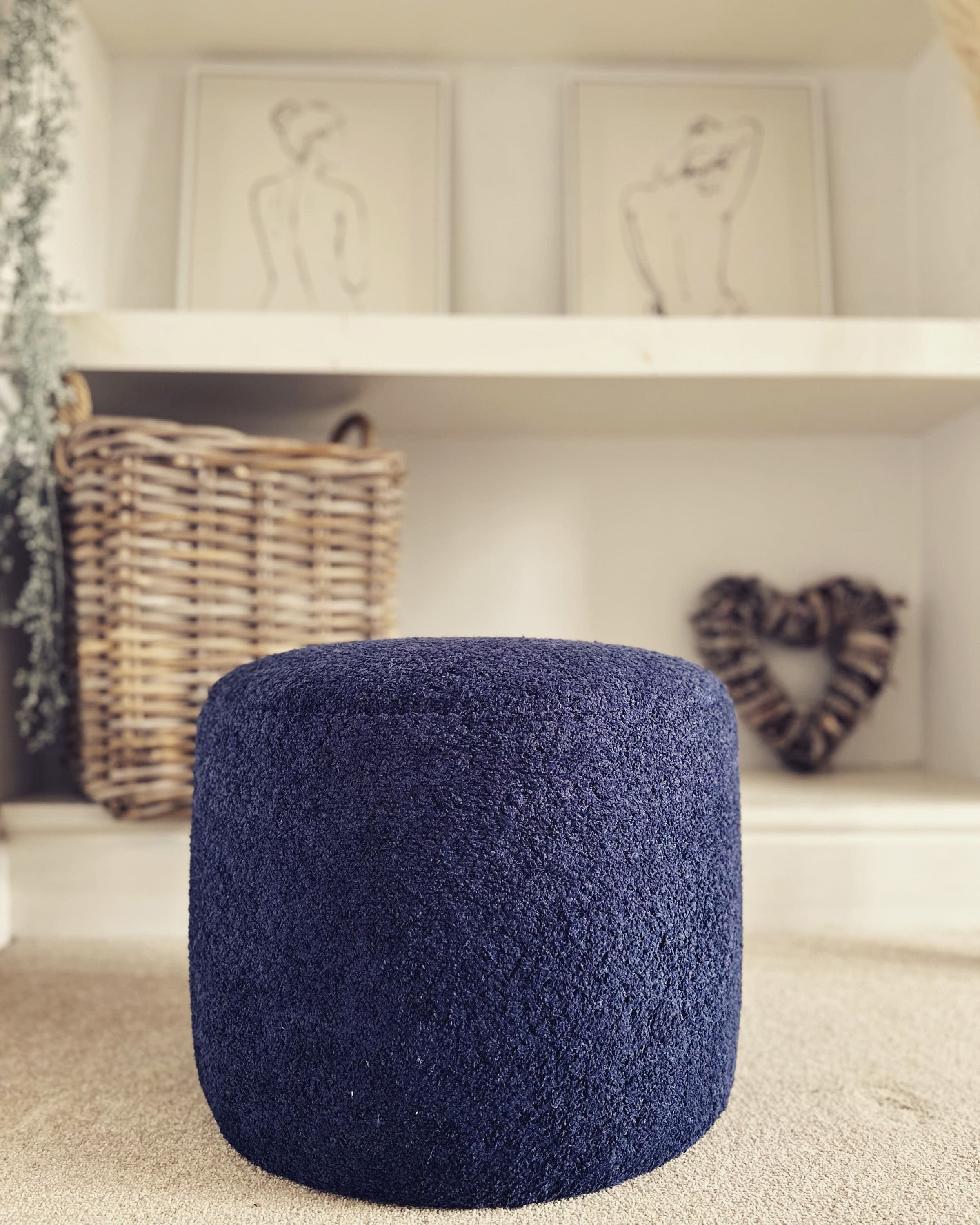 Navy Blue Boucle Round Footstool Handmade To Order
