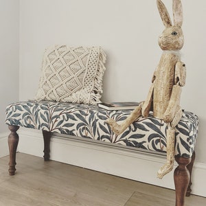 Upholstered bench, hallway or end of bed Bench in William Morris tapestry style fabric with Victorian style legs