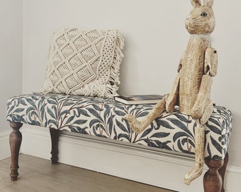 Upholstered bench, hallway or end of bed Bench in William Morris tapestry style fabric with Victorian style legs