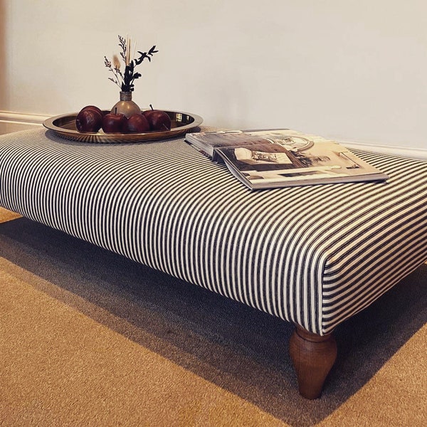 Upholstered coffee table footstool rectanglar in ticking fabric, various colours available