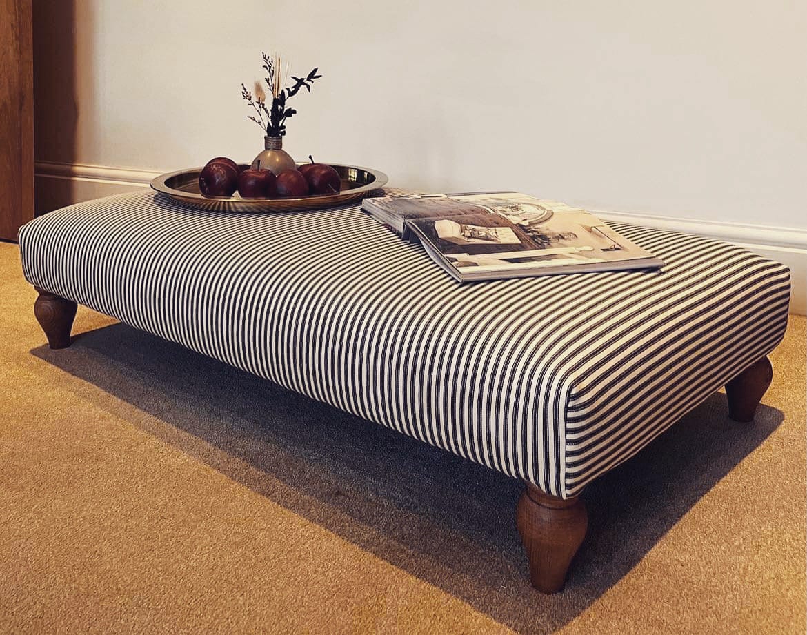 Upholstered coffee table footstool rectanglar in ticking fabric, various colours available