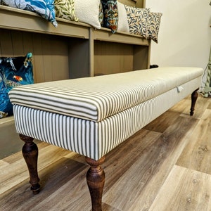 Upholstered bench, hallway or end of bed storage bench in ticking fabric with Victorian legs