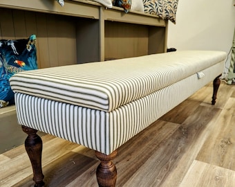 Upholstered bench, hallway or end of bed storage bench in ticking fabric with Victorian legs