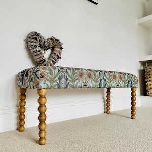Upholstered bench, hallway or end of bed bench in “Ruskin”  tapestry fabric with Bobbin legs