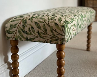 Upholstered bench, hallway or end of bed bench in William Morris willow bough tapestry fabric with Bobbin legs