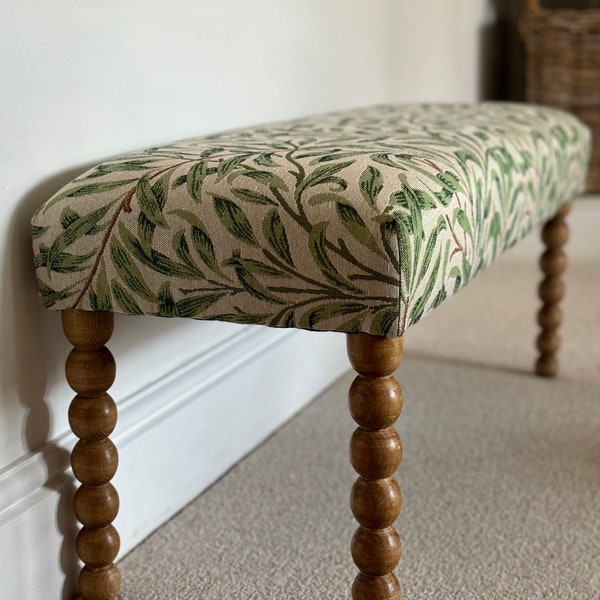 Upholstered bench, hallway or end of bed bench in William Morris willow bough tapestry fabric with Bobbin legs