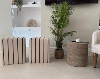 Upholstered Cube, in heavy weave cotton stripe