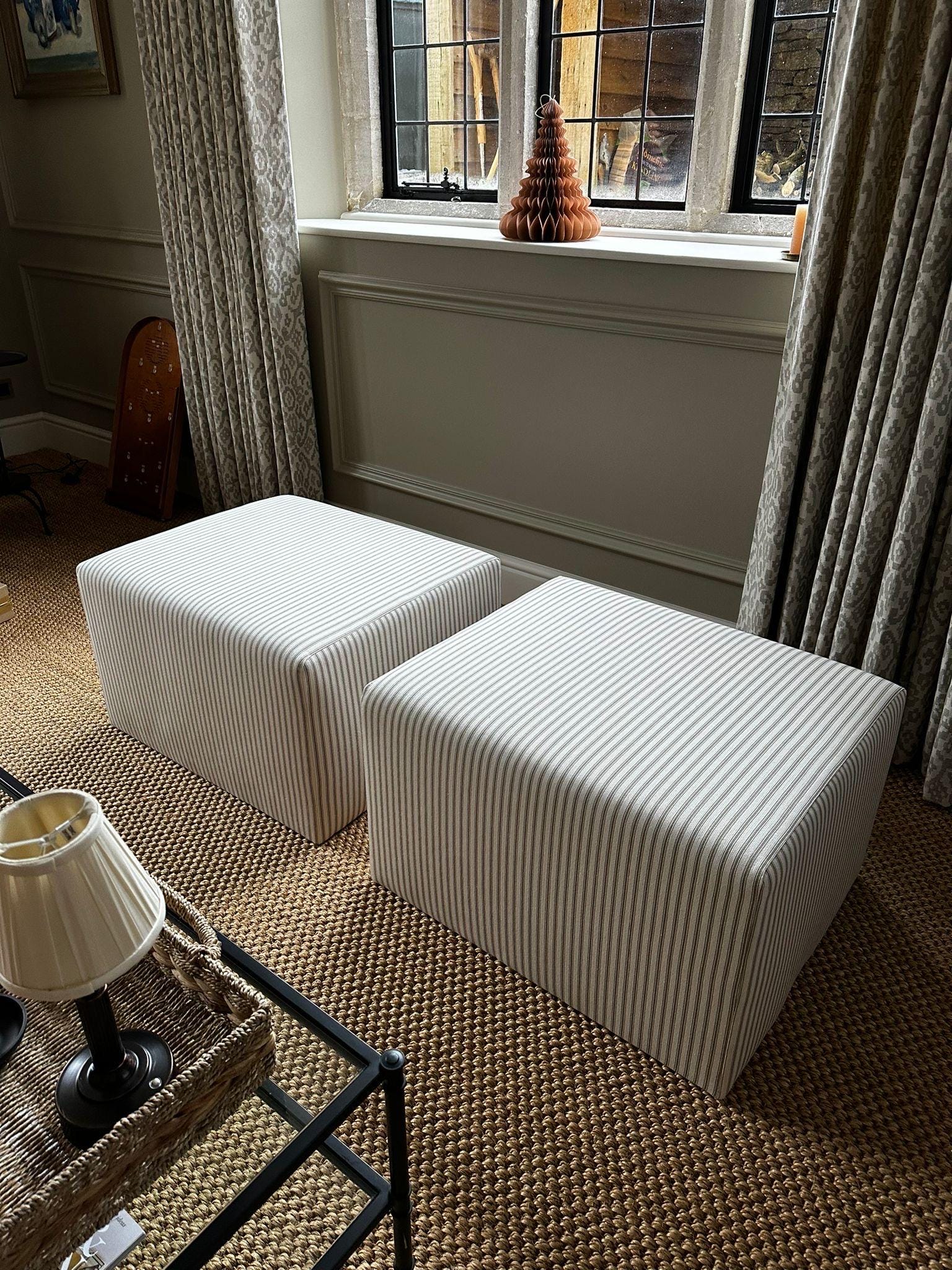 Upholstered Cube, in ticking fabric