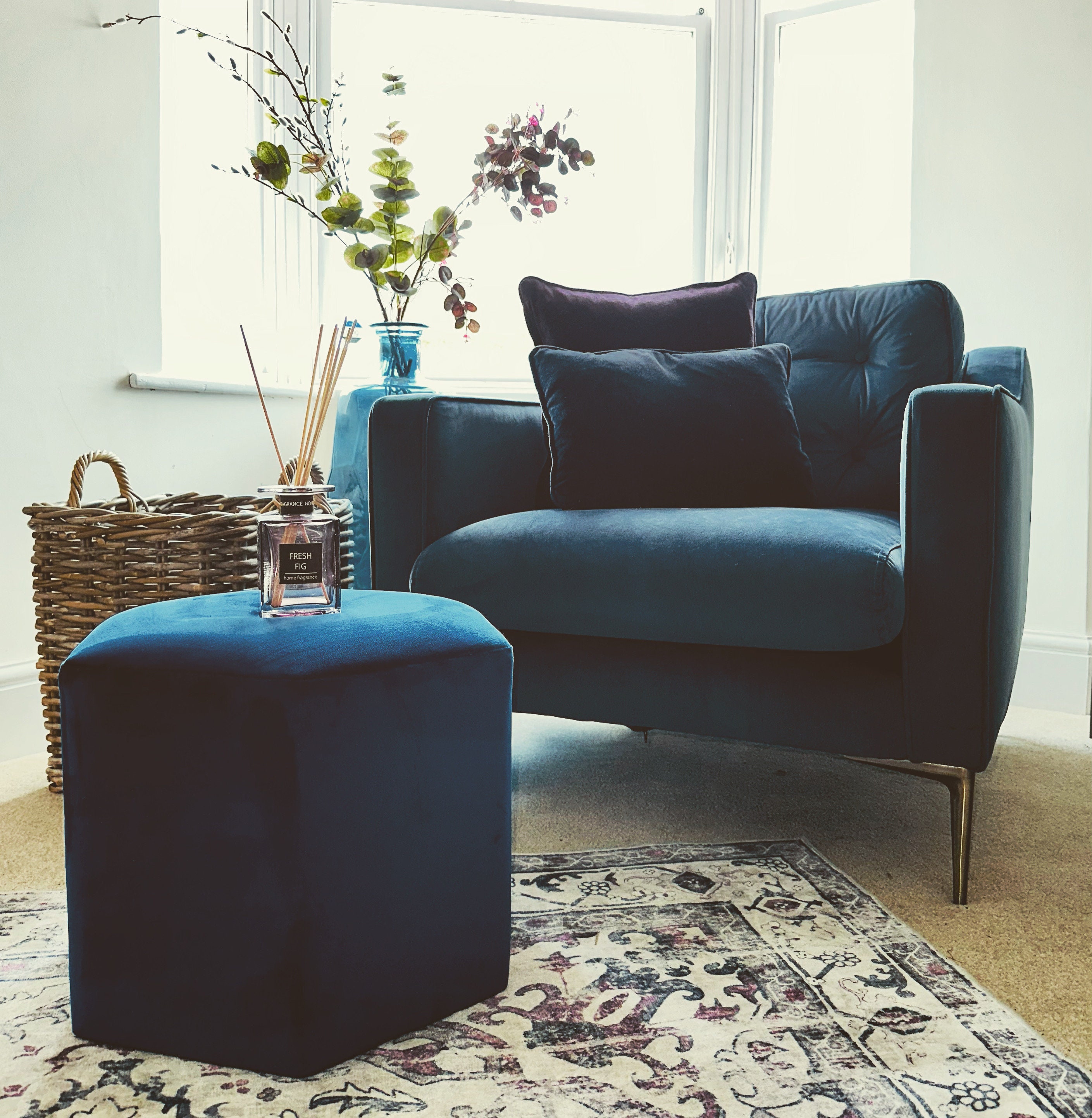 Blue poufs in living on sale room