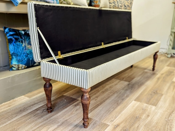 Upholstered Bench Hallway or End of Bed Storage Bench in Ticking Fabric With Victorian Legs Etsy UK