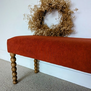 Upholstered bench, hallway or end of bed bench in “on trend” corduroy  fabric with Bobbin legs