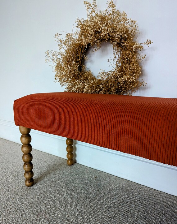 Handmade Corduroy Upholstered Bench with Bobbin Legs
