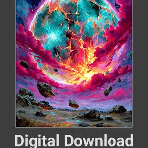 Könnte beinhalten: Digitaldruck einer lebendigen Himmelszene. Ein großer Planet mit Türkis- und Orangetönen dominiert das Bild, umgeben von rosa und lila Wolken und schwebenden Felsen. Der Text "Digital Download" befindet sich unten.