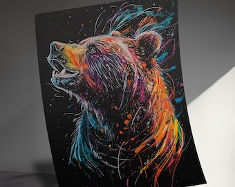 Muurkunst kleurrijke beer: abstract wild dier, levendige prints, woondecoratie