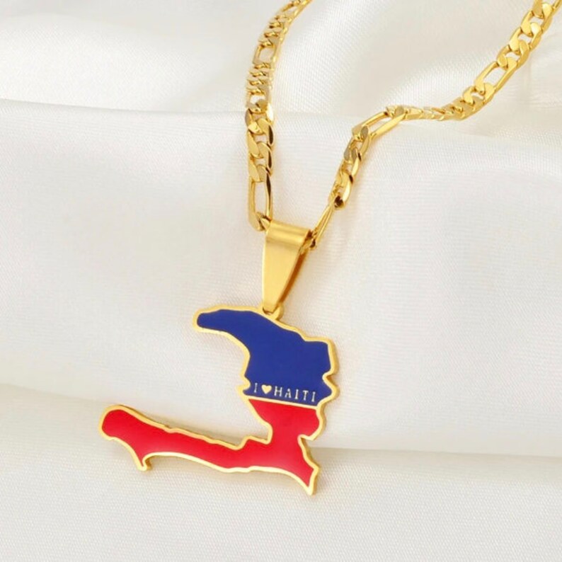 Haiti Map & Flag Charm With Chain Set, Haitian Culture Jewelry, Map of Haiti Pendant Necklace