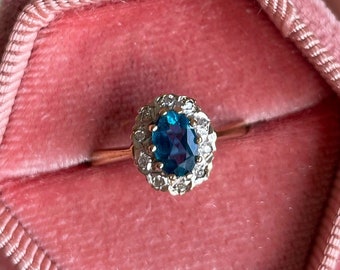 Vintage Gold Topaz and Diamond Halo Ring - 9ct 9k Solid Gold - December Birthstone - Blue Topaz - Size UK J