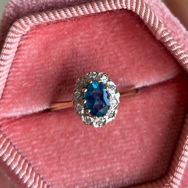 Vintage Gold Topaz and Diamond Halo Ring - 9ct 9k Solid Gold - December Birthstone - Blue Topaz - Size UK J