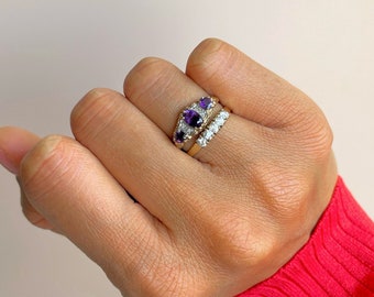 Gold Amethyst and Diamond Boat Ring Trilogy Ring - 9ct 9k Solid Gold - Size UK M / US 6