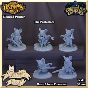 May include: Five grey, 32mm scale miniature figurines of mice dressed as knights, holding swords. The mice are standing on round bases. The text "The Protectors" is visible above the miniatures.