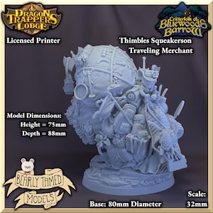 May include: A grey 3D printed miniature of a mouse-like creature riding a large, round, and heavily-laden cart. The miniature is labelled "Thimbles Squeakerson Travelling Merchant" and is part of the "Critterfolk of Bluewoods Barrow" series. The miniature is 75 mm tall and has an 80 mm diameter base.
