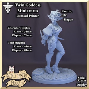 May include: A 3D printed miniature of a female elf rogue, painted in a light blue colour. The miniature is holding two daggers and is posed in a dynamic stance. The miniature is 32mm tall and is available in a display size of 76mm.