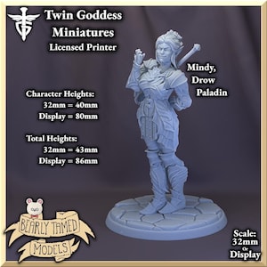 Può includere: Una miniatura di un paladino drow femminile stampata in 3D in grigio, in piedi su una base di pietra. La miniatura tiene una spada e ha un'espressione determinata sul viso. Il testo "Mindy, Drow Paladin" è stampato sull'immagine. La miniatura è disponibile in scala 32 mm o di visualizzazione.