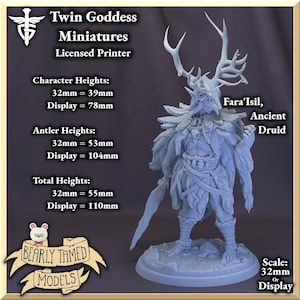 May include: A 3D printed miniature of a female druid with antlers, wearing a feathered cloak and holding a staff. The miniature is painted in a light gray color. The text "Fara'Isil, Ancient Druid" is visible on the image. The miniature is available in 32mm or display size.