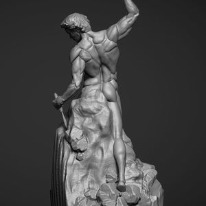 Back view of the statue. A render of the statue. The man is in an action pose, heaving his hammer skyward to crash onto the chisel he is using to sculpt himself from the rock.