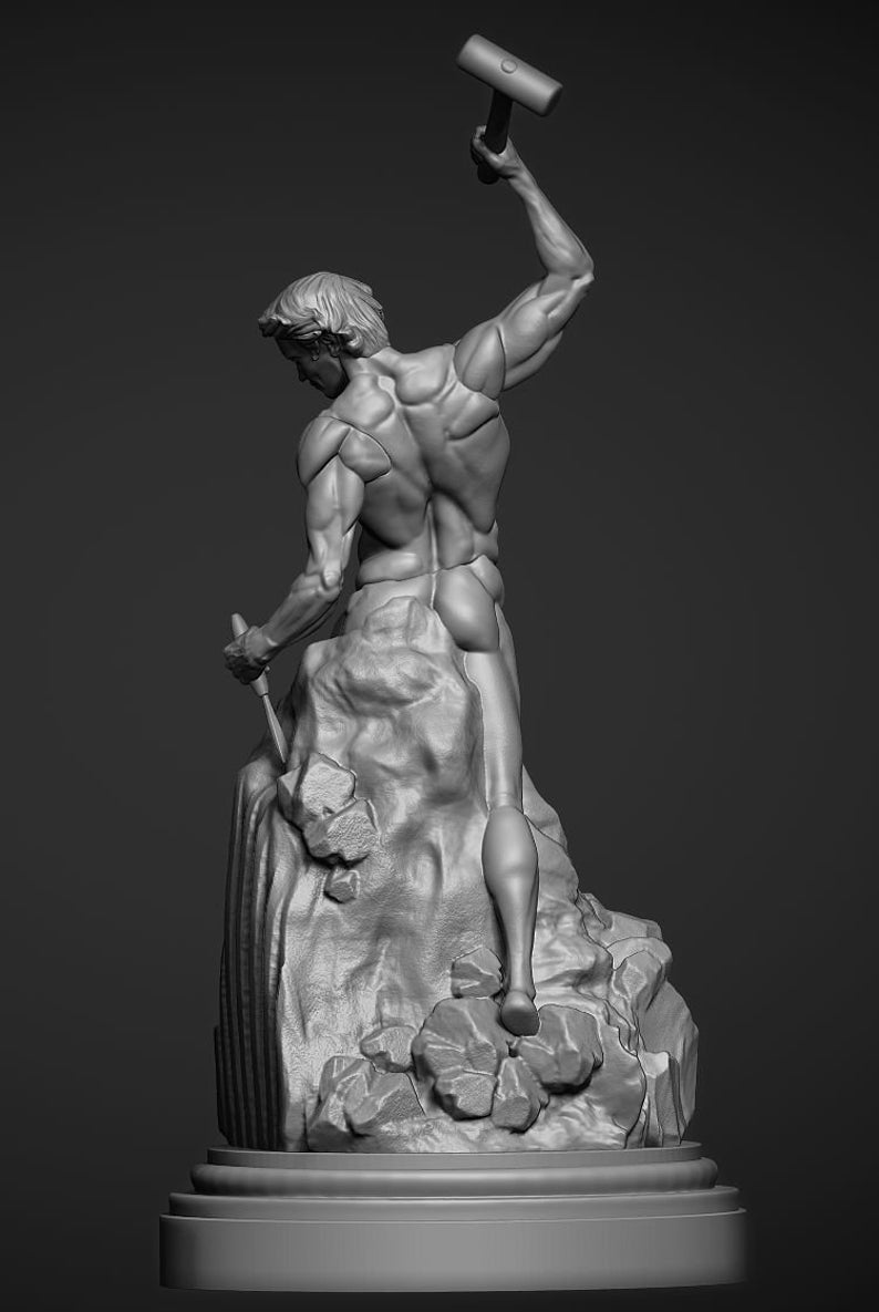 Back view of the statue. A render of the statue. The man is in an action pose, heaving his hammer skyward to crash onto the chisel he is using to sculpt himself from the rock.