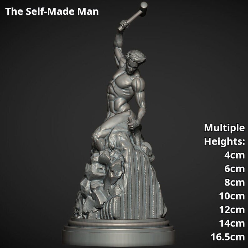 A render of the statue. The man is in an action pose, heaving his hammer skyward to crash onto the chisel he is using to sculpt himself from the rock.