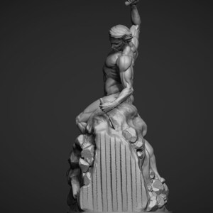 Side view of the statue. A render of the statue. The man is in an action pose, heaving his hammer skyward to crash onto the chisel he is using to sculpt himself from the rock.