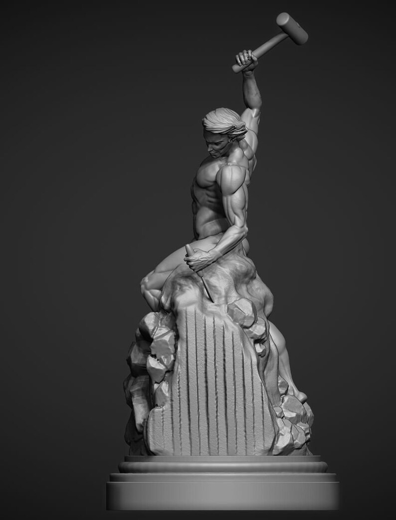 Side view of the statue. A render of the statue. The man is in an action pose, heaving his hammer skyward to crash onto the chisel he is using to sculpt himself from the rock.