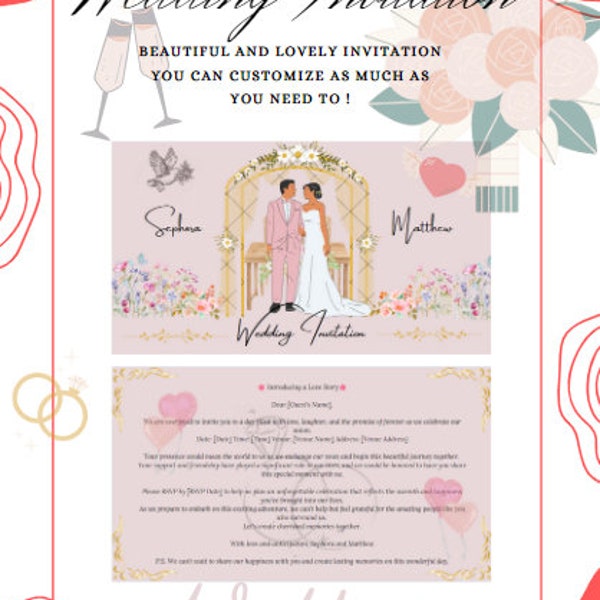 Wedding Invitation Floral Cute Pink Editable Template Customizable Adorable Lovebirds DIY