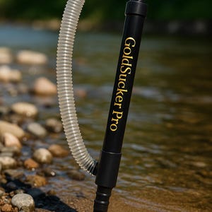 Puede incluir: Una herramienta negra para la prospección de oro con el texto "GoldSucker Pro" en letras doradas. Cuenta con una manguera transparente y acanalada y se encuentra en una orilla arenosa con escamas de oro.