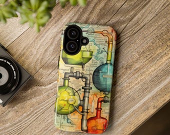 Peut inclure: Coque de téléphone colorée avec une illustration scientifique vintage d'équipement de laboratoire. Le design comprend des fioles et des tubes en verre jaunes, bleus et orange, sur un fond crème avec un texte pâle. La coque est sur une surface en bois.