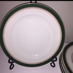 Booth's Silicon China The Alexandra Pattern dinner plates, Green Rim, Gold Decoration And Trim.