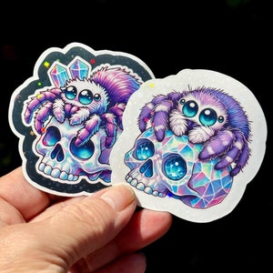 Cute Jumping Spider & Crystal Skulls Sticker Set #9 - Holographic star sparkle - for journals, water bottles, sticker album, kindle, laptops