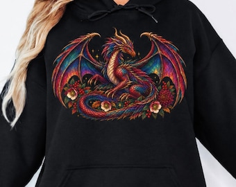 Sudadera con capucha Ember Dragon, jersey de fantasía con dragón en tonos joya, sudadera con estampado botánico estilo cottagecore, unisex Gildan 18500