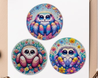 Jumping Spider Stickers set #6, A 3 pack of 2 inch Cute & Creepy, Pastel Arachnid Decals, Laptop, Water Bottle stickers,  2 inch