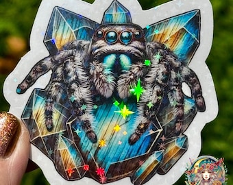 Jumping Spider Sticker set #6 - Labradorite Crystal Cave Spider 2 pack in Holographic star, holo or Glossy white,  your choice of 2 sizes!!