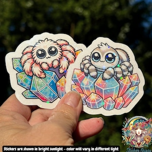 Cute Jumping Spider Sticker Set on Colorful Selenium Crystals - Holographic Star Laminate, spider lover gift, Quirky Spider Decor, set# 10