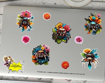 Cute & Creepy Jumping Spider Stickers, Vibrant Arachnid Decals, Laptop, Water Bottles stickers, Halloween Sticker, Sticker pack - Set 1