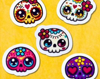 Set de pegatinas de calaveras de azúcar kawaii - Pegatinas del Día de los Muertos - Bonitas calcomanías de vinilo de Halloween - Mate o con purpurina holográfica - Portátil, botella de agua