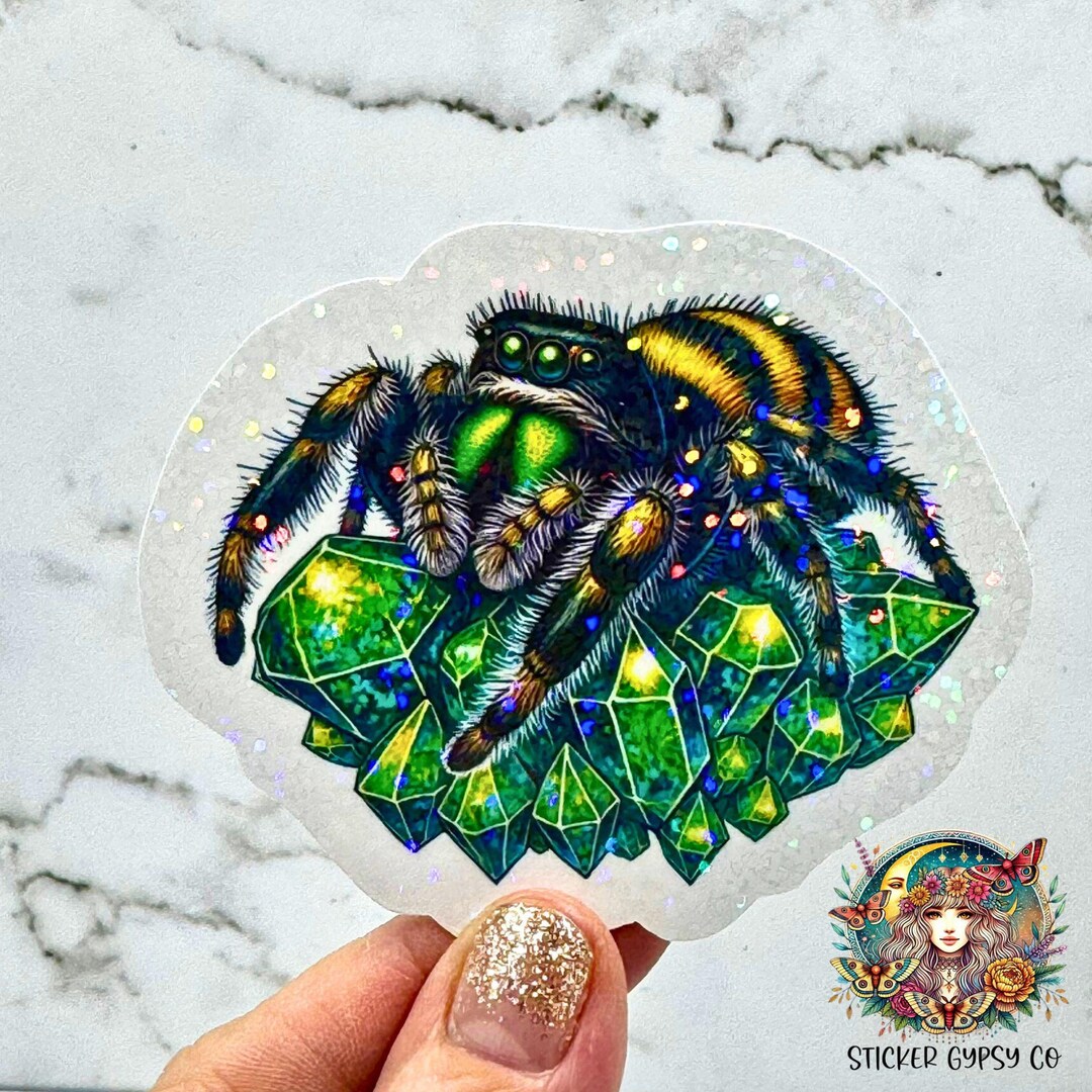 Holographic Jumping Spider on Glittery Green Emerald Crystals Sticker ...
