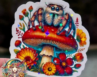 Jumping Spider Mushroom & Wildflower Sticker #14, Cute Spider Vinyl Decal, Holo Star effect, Cottage core Aesthetic, Mushroom Lover Gift