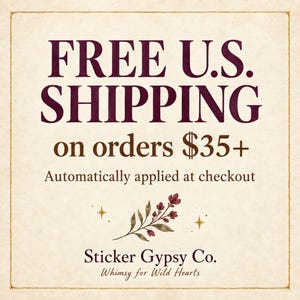 Handwritten parchment card thanking shoppers for visiting Sticker Gypsy Co. and linked visually with books, crystals and dried botanicals.