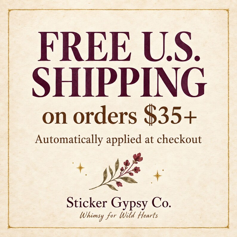 Handwritten parchment card thanking shoppers for visiting Sticker Gypsy Co. and linked visually with books, crystals and dried botanicals.