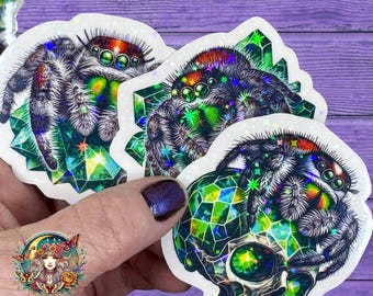 Paquete de calcomanías holográficas de araña saltadora: 12 piezas con diseños de cristales y calaveras; calcomanías de vinilo brillantes; elija tamaños grandes o pequeños en estrella holográfica