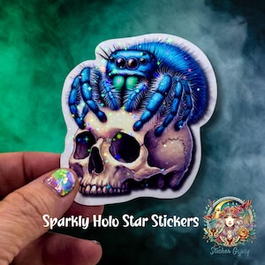 Sapphire Jumping Spider Skull Sticker #2 with Holographic Star or Glossy Finish, Creepy Cute Spider Sticker for Laptops, Water Bottles