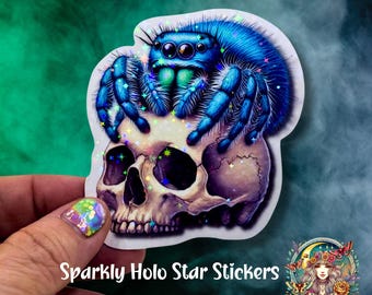 Sapphire Jumping Spider Skull Sticker #2 with Holographic Star or Glossy Finish, Creepy Cute Spider Sticker for Laptops, Water Bottles